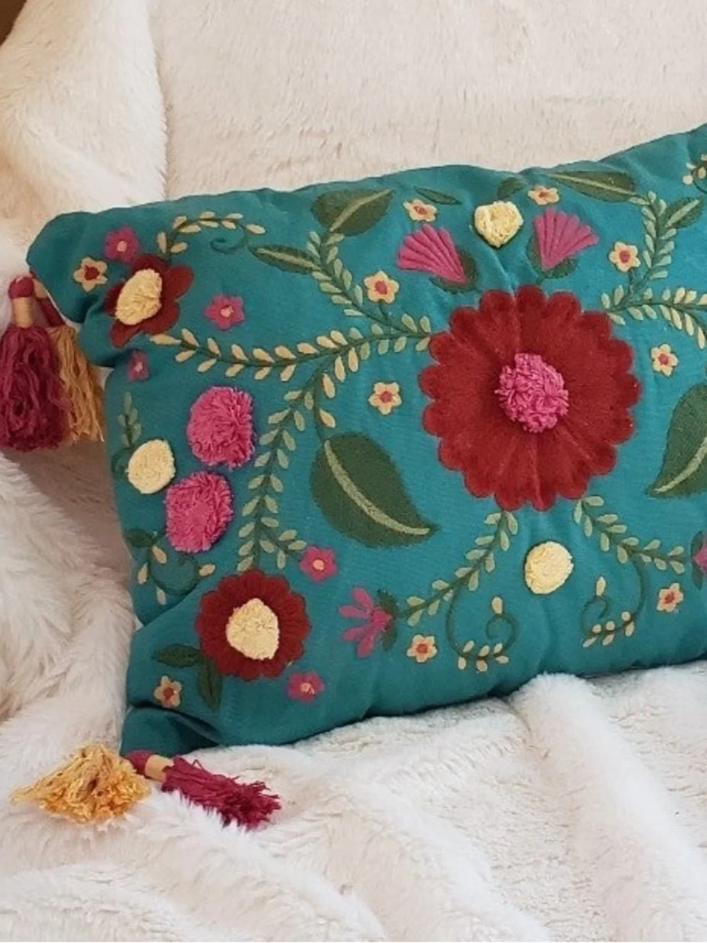 Pier 1 Embroidered Accent Pillow with Pom Pom Florals and Tassels NWT